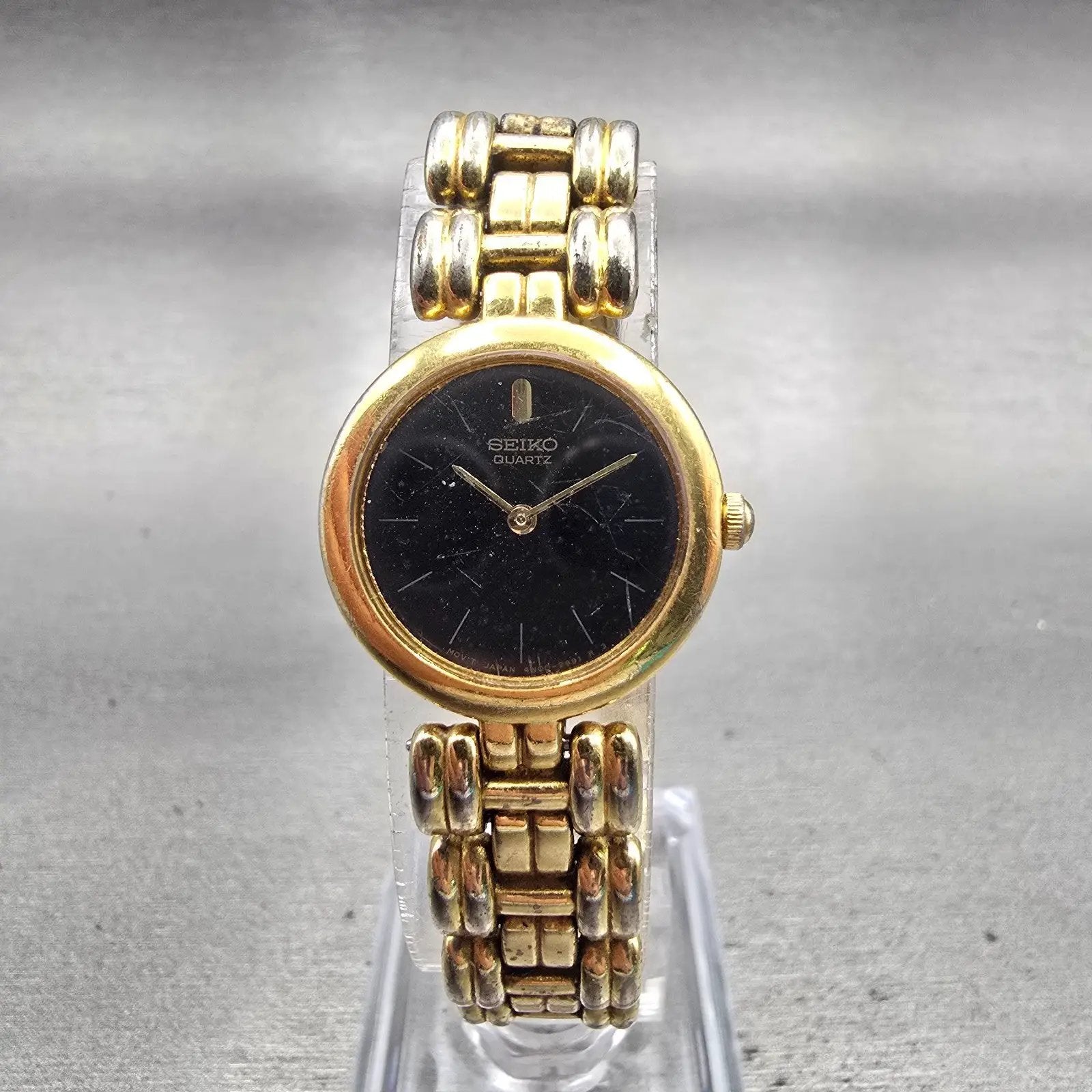 Seiko Watch Women 21mm Black Dial Gold Tone Round 4N00-0858 New Battery Vintage0