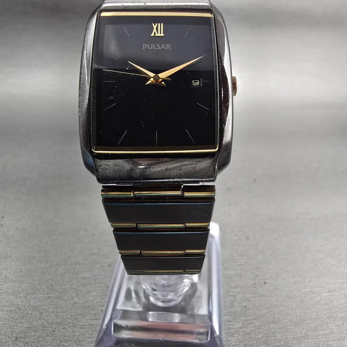 Pulsar Watch Men 26mm Black Dial Two Tone Date Rectangle VX82-0AS0 New Battery5