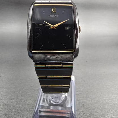 Pulsar Watch Men 26mm Black Dial Two Tone Date Rectangle VX82-0AS0 New Battery5