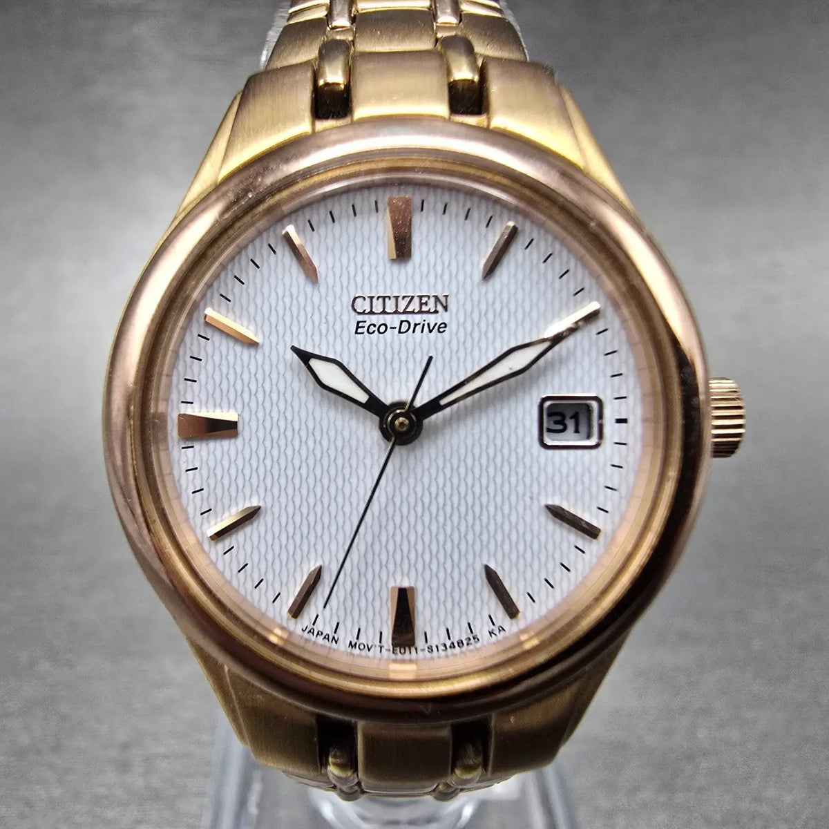 Citizen Eco-Drive Watch Women 25mm White Dial Rose Gold Date E011-S094526 Works0
