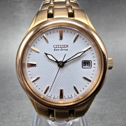 Citizen Eco-Drive Watch Women 25mm White Dial Rose Gold Date E011-S094526 Works0