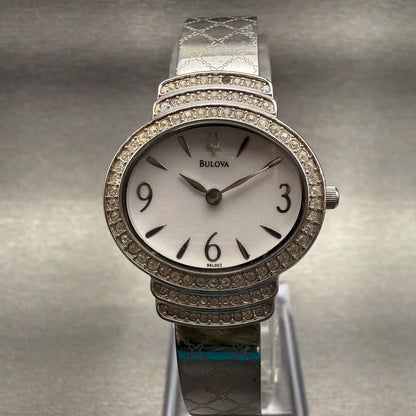 Bulova Watch Women 27mm White Dial Silver Tone Oval 96L002 Crystals New Battery0