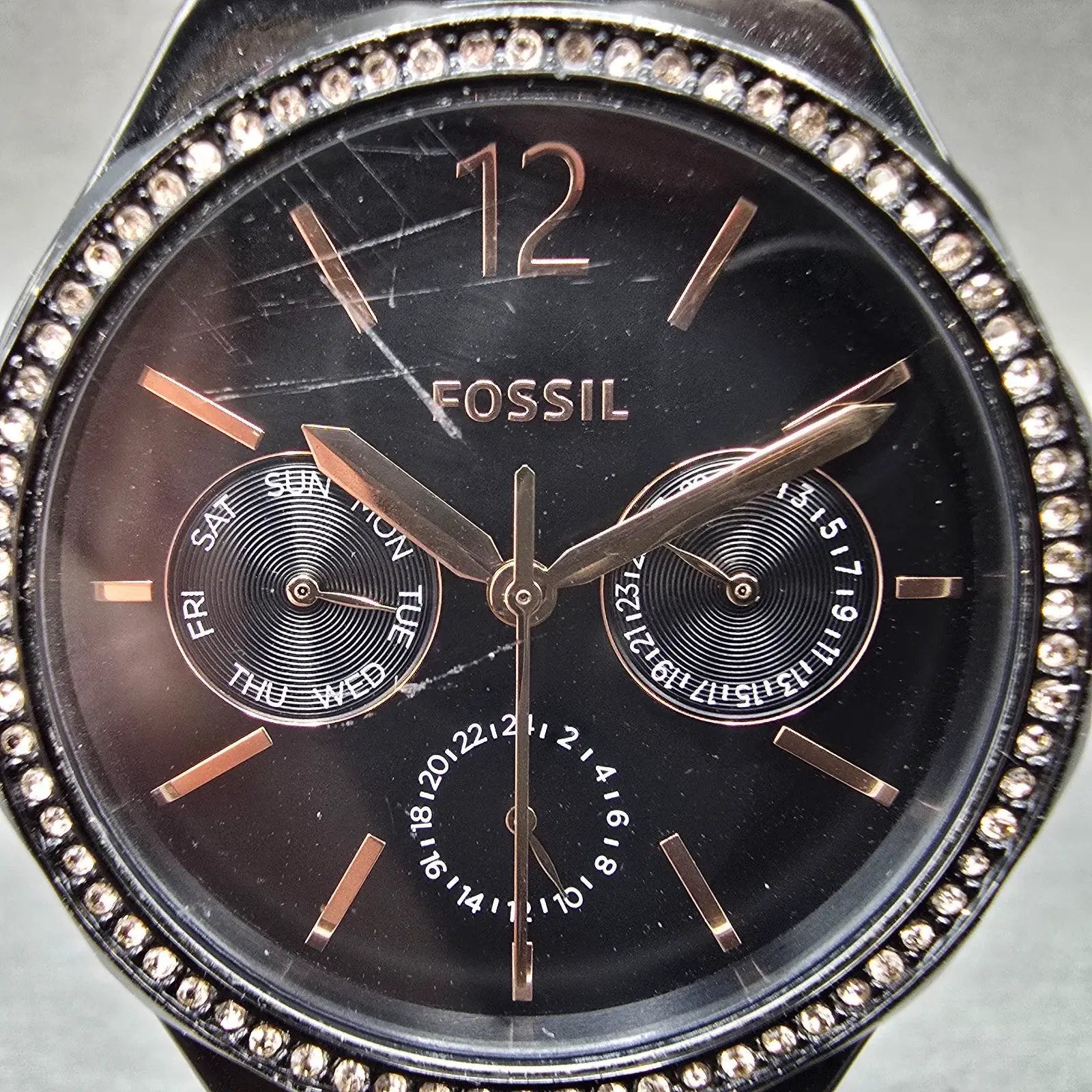 Fossil Watch Women 36mm Black Dial Black tone Daydate Round BQ2645 New Battery1