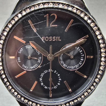 Fossil Watch Women 36mm Black Dial Black tone Daydate Round BQ2645 New Battery1