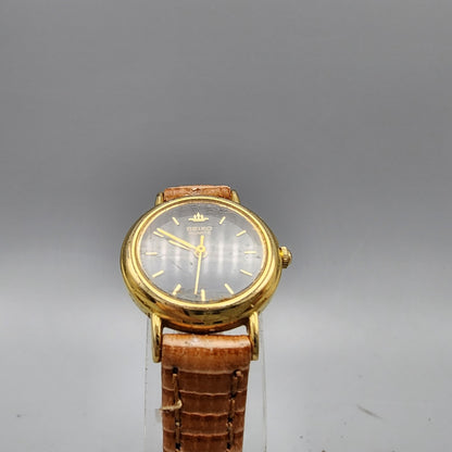 Vintage Seiko Watch Women Gold Tone Black Dial Round 1N01-0E20 New Battery