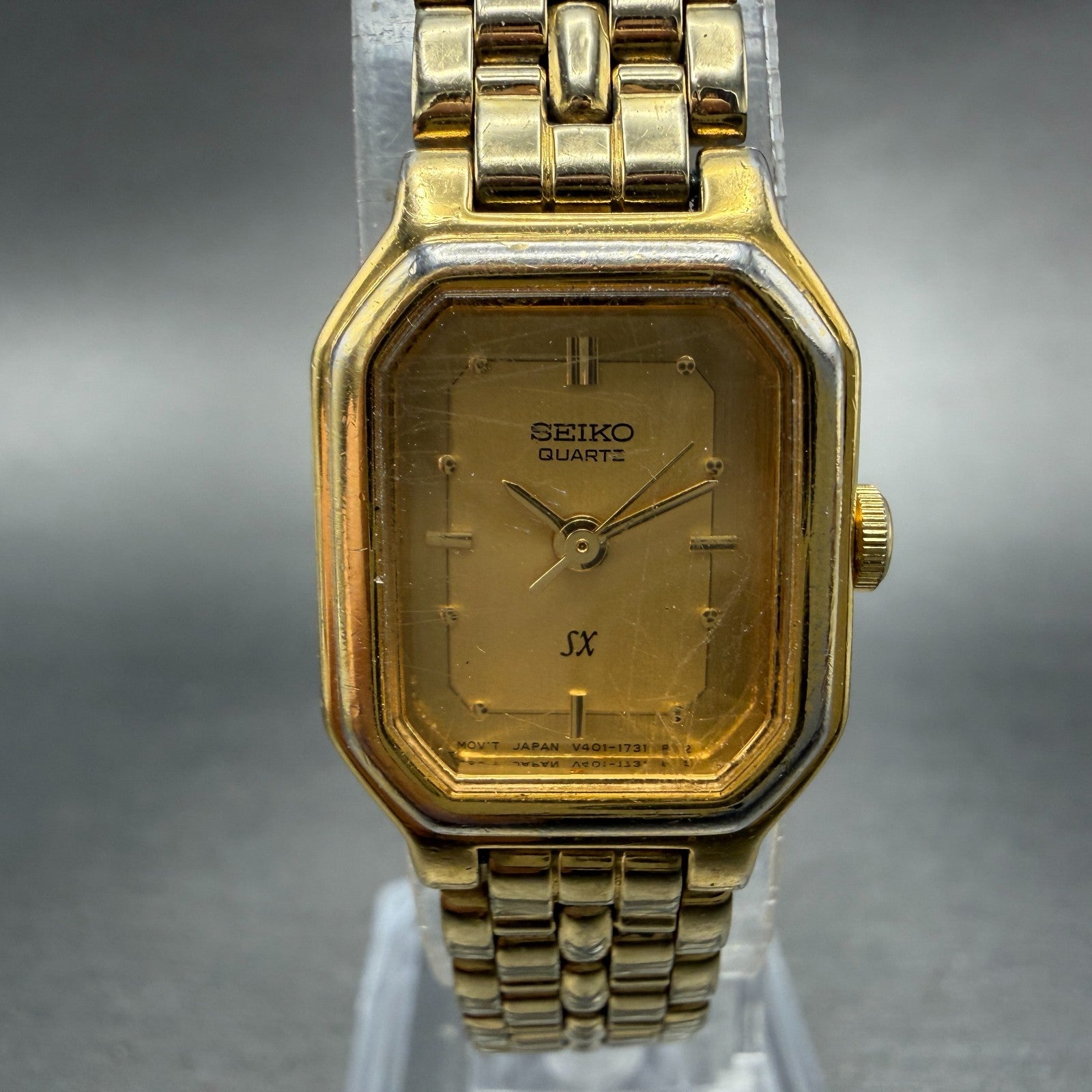 Seiko SX Watch Women 17mm Gold Dial Gold Tone Octagon V401-5251 New Battery0