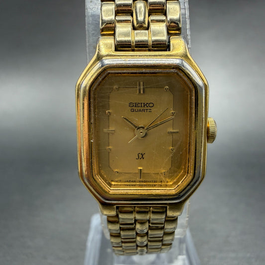 Seiko SX Watch Women 17mm Gold Dial Gold Tone Octagon V401-5251 New Battery0