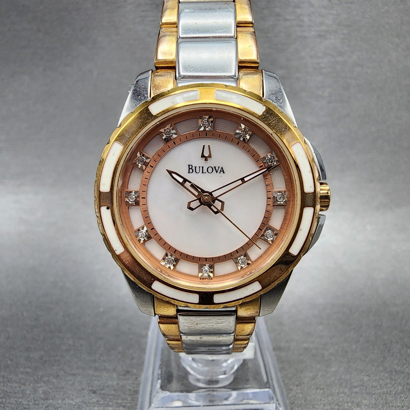 Bulova Diamond Watch Women 32mm MOP Dial Two Tone Round 98P134 New Battery0
