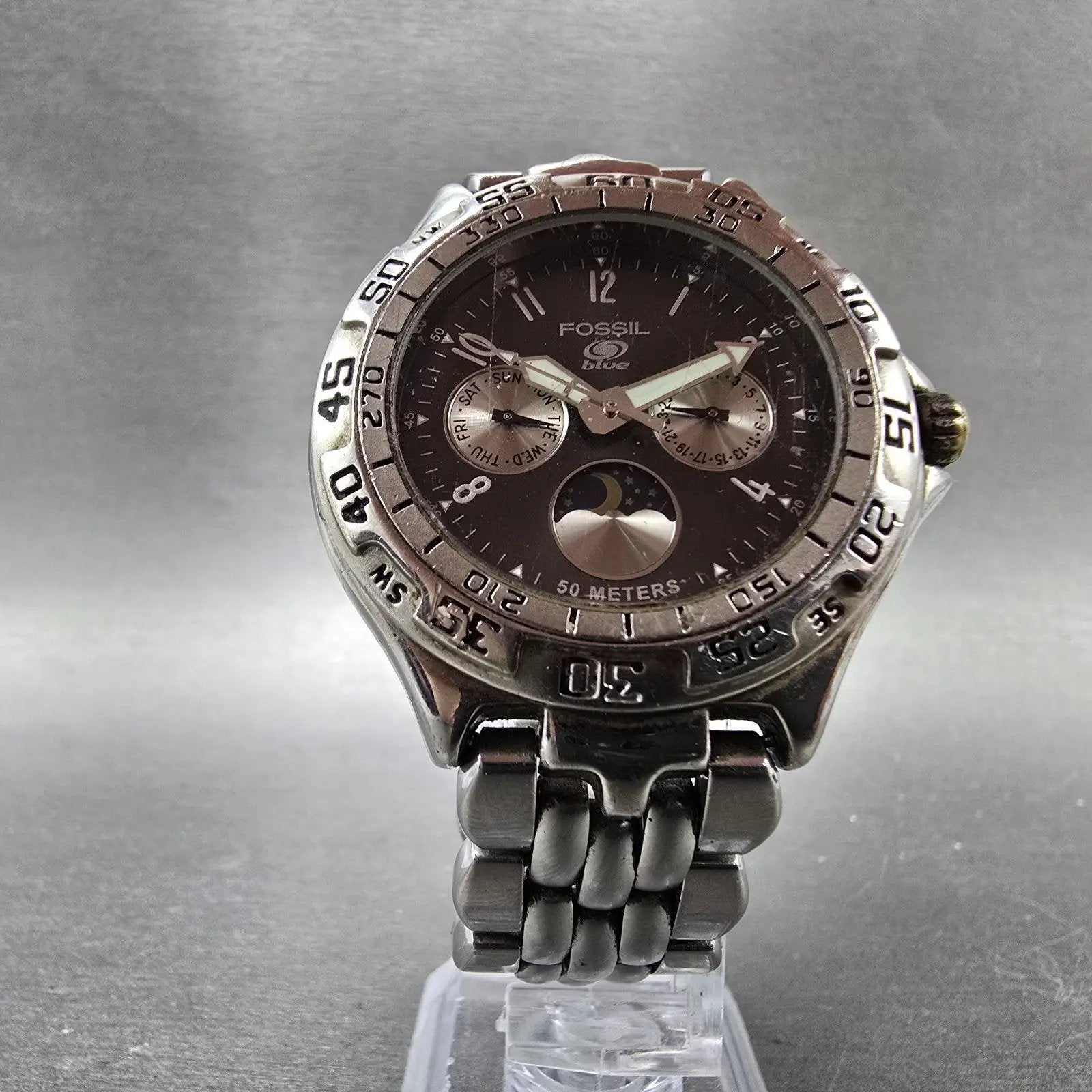 Fossil Blue Watch Men 40mm Black Dial Silver tone Daydate BQ-8777 New Battery KJ6