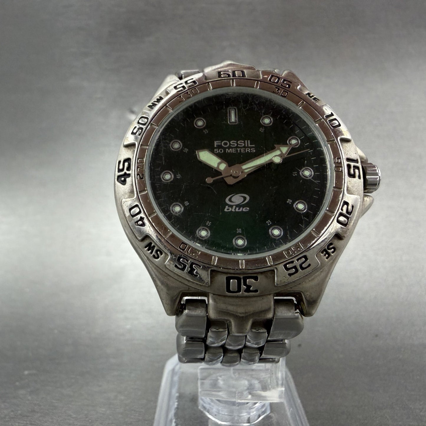 Fossil Dive Watch Men 40mm Green Dial Silver Tone Round BQ-8775 New Battery5