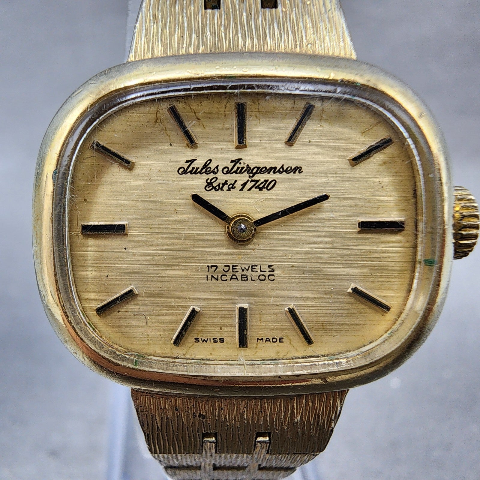 Jules Jurgenson Watch Women 25mm Gold Dial Gold Tone Manual Wind Runs READ!! VTG1