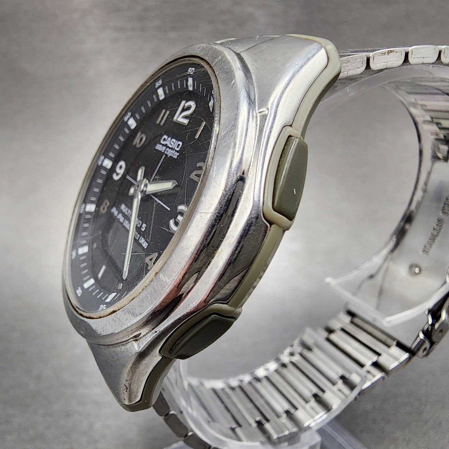 Casio Wave Ceptor Watch Men 41mm Black Dial Silver Tone Analog Digital Solar Run2