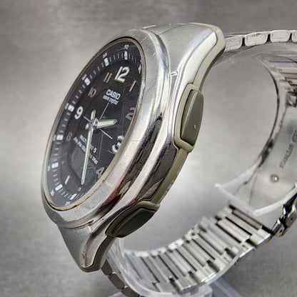 Casio Wave Ceptor Watch Men 41mm Black Dial Silver Tone Analog Digital Solar Run2