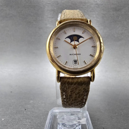 Bucherer Moonphase Watch Women 25mm White Dial Gold Tone Date READ!! New Battery5