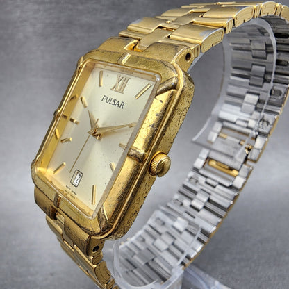 Pulsar Tank Watch Men 26mm Champagne Dial Gold Tone Date Rectangle New Battery