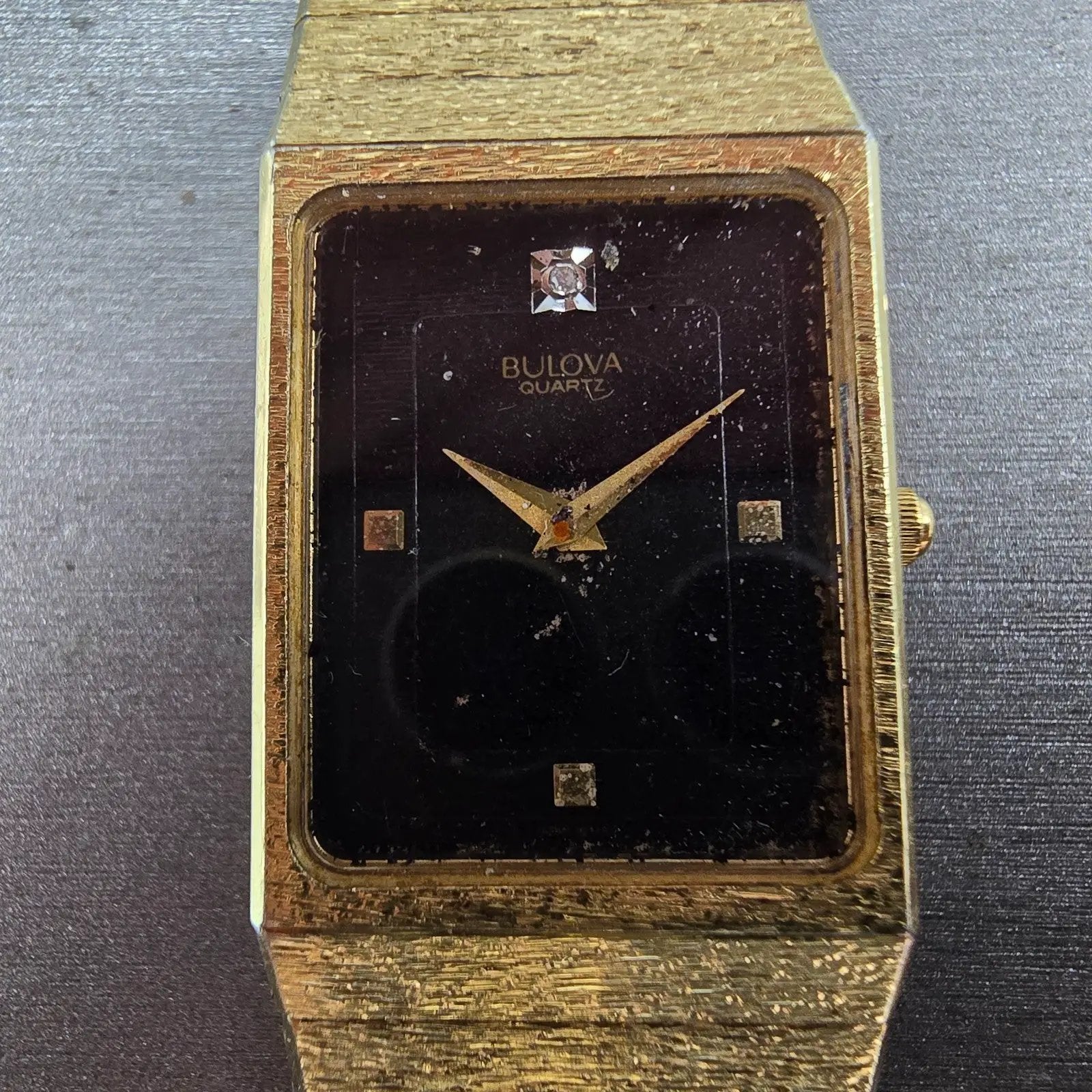 Bulova Tank Watch Men 24mm Black Dial Gold Tone Rectangle Diamond PARTS NO BACK2