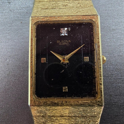 Bulova Tank Watch Men 24mm Black Dial Gold Tone Rectangle Diamond PARTS NO BACK2