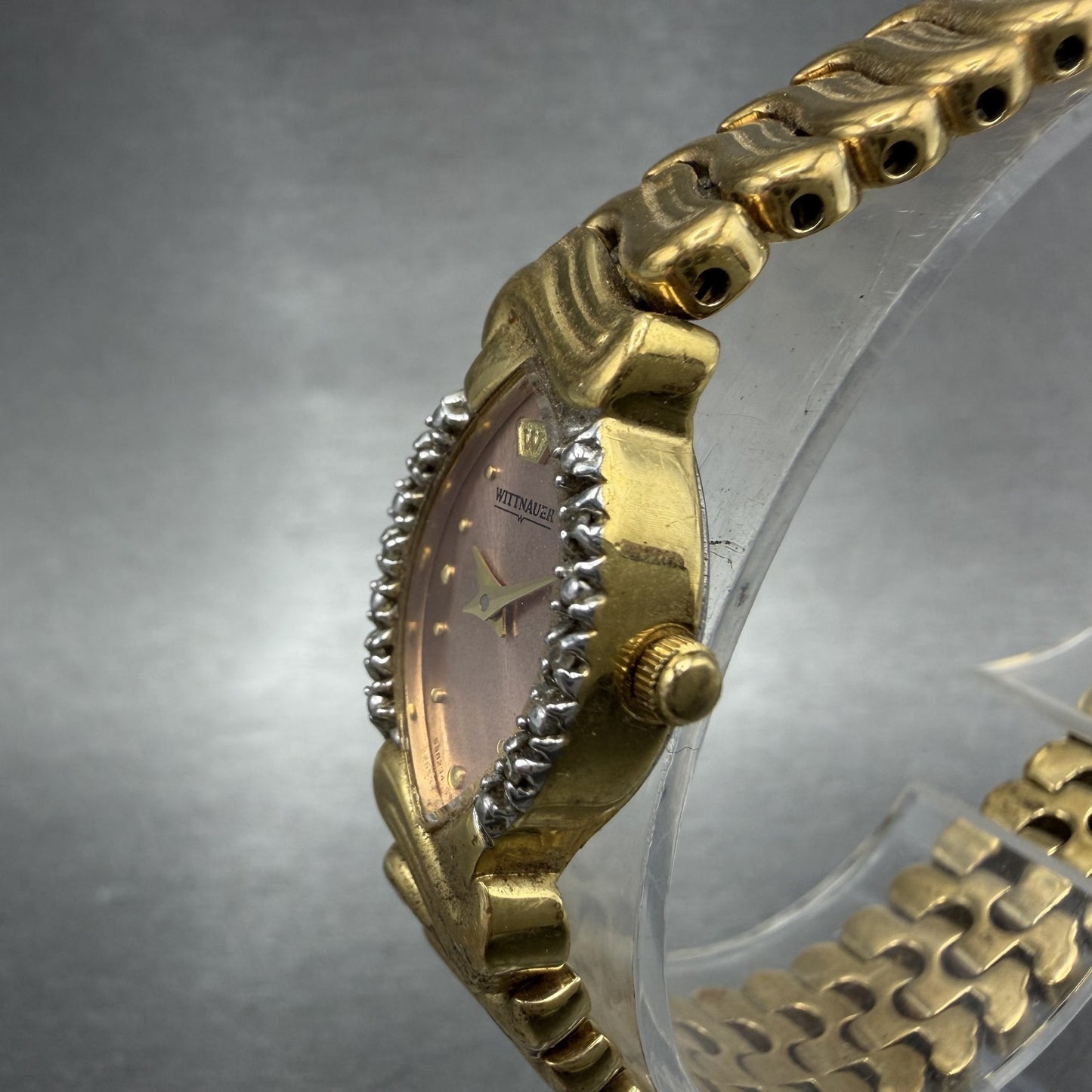 Wittnauer Watch Women 16mm Pink Dial Gold Tone Diamond Bezel SS8234 5120 New Bat2
