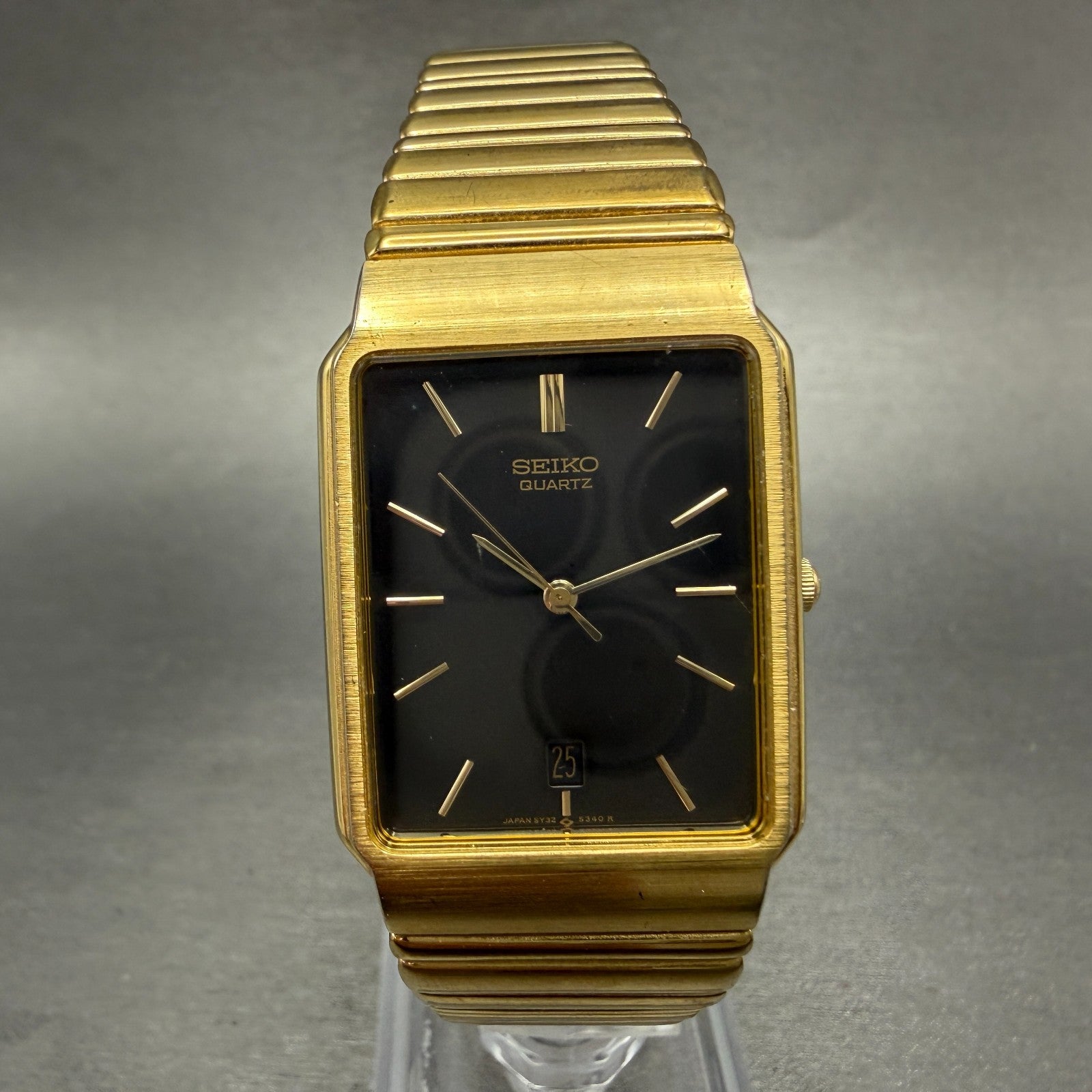 Seiko Tank Watch Men 26mm Champagne Dial Gold Tone Date 5Y32-5129 PARTS Vintage0
