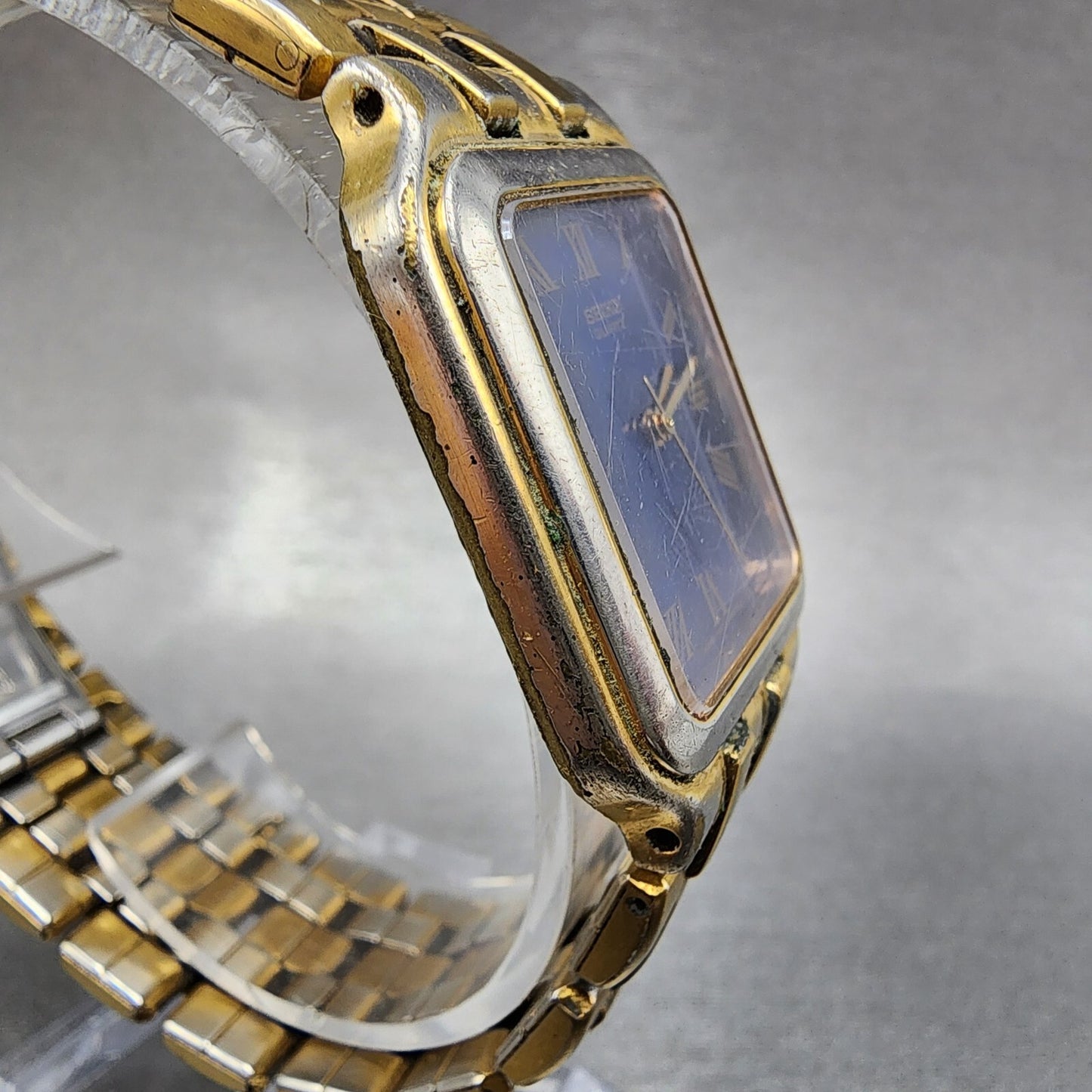 Seiko Tank Watch Men 27mm Blue Dial Gold Tone 7n015009 New Battery READ!!!!!!!!3