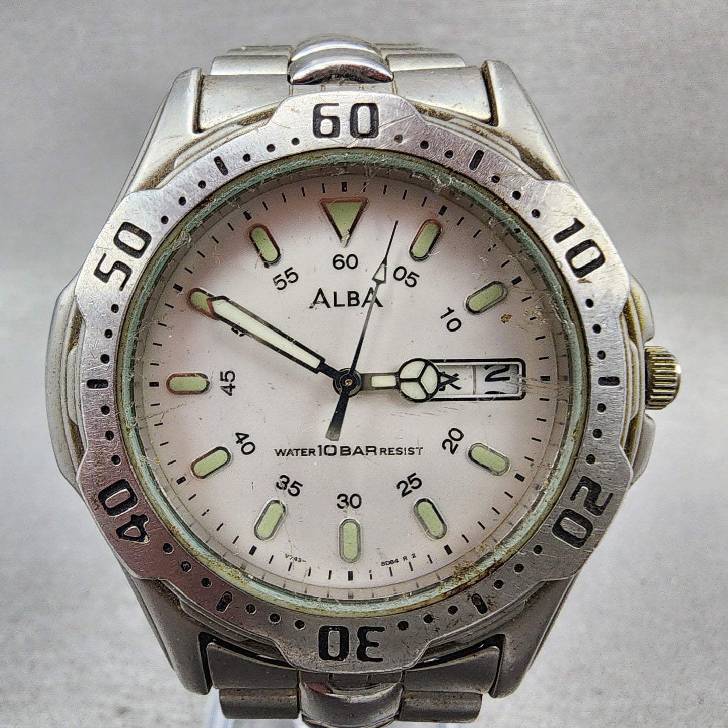 ALBA Dive Watch Men 41mm White Dial Silver Tone Daydate Round V7438B60 PARTS2