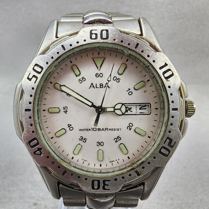ALBA Dive Watch Men 41mm White Dial Silver Tone Daydate Round V7438B60 PARTS2