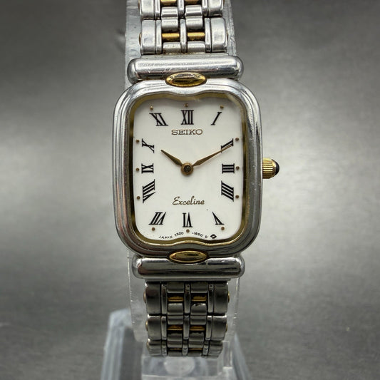 Seiko Exceline Tank Watch Women 18mm White Dial Two Tone 7320-6520 New Battery0