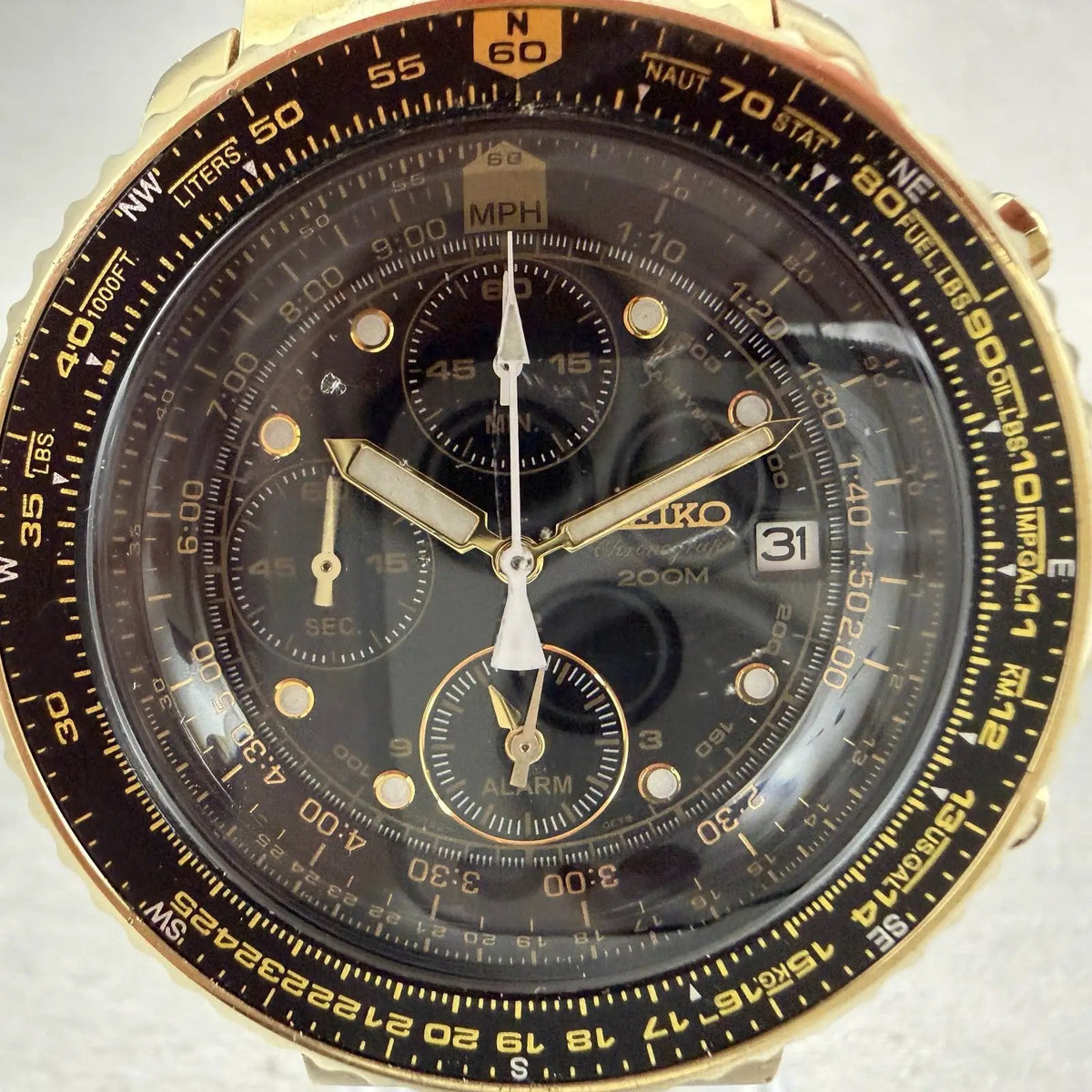 Seiko Flightmaster Chronograph Watch Men 42mm Black Dial Gold Tone Date New Batt1