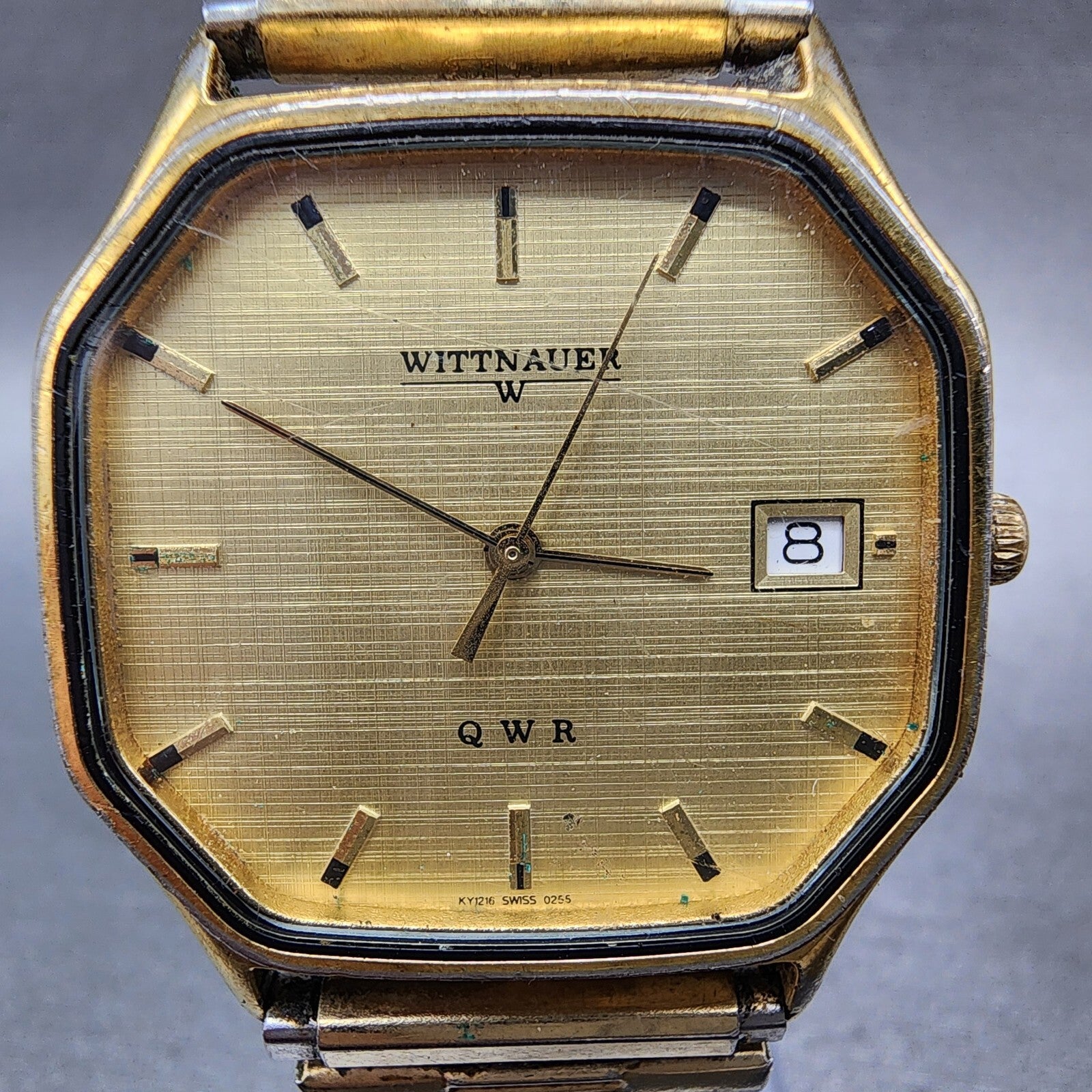 Wittnauer QWR Watch Men 33mm Champagne Dial Gold Tone Octagon Date 0255 PARTS2