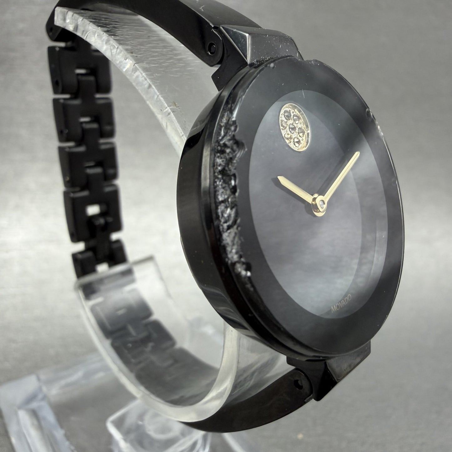 Movado Bold Bangle Watch Women 28mm MOP Dial Black Tone Round 3600775 CHIPPED!!!6