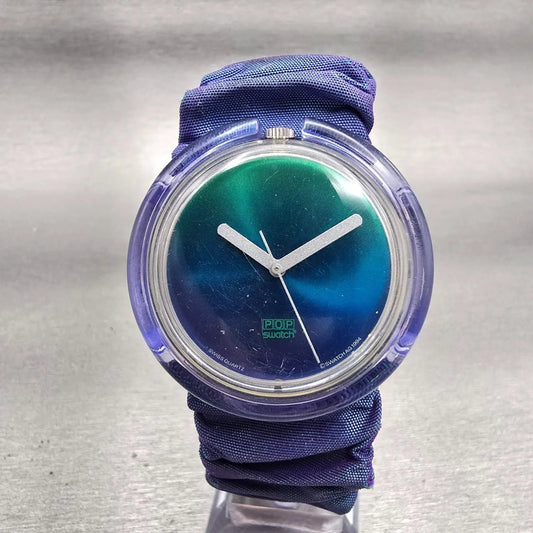 Midi Pop Swatch Vert Watch Women Blue Dial Clear Case Round PMK109 New Battery0