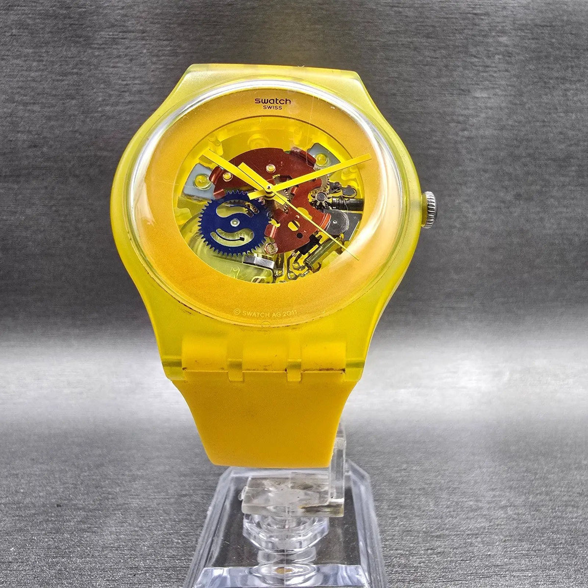 Swatch Yellow Laquered Watch Men 41mm Skeleton Dial Round SUOJ100 New Battery5