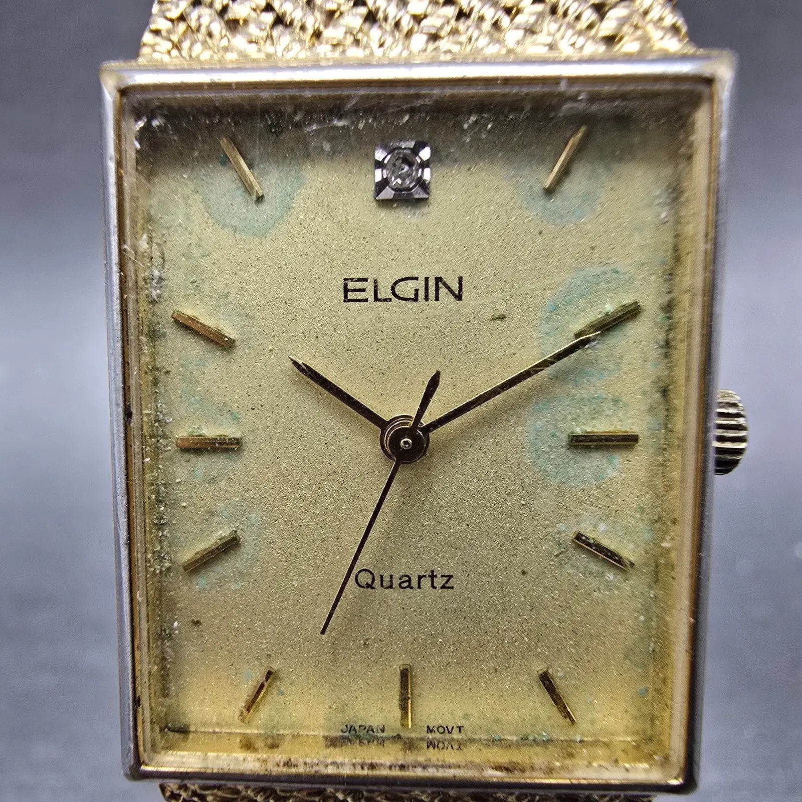 Elgin Tank Watch Men 23mm Champagne Dial Gold Rectangle Mesh Band New battery1