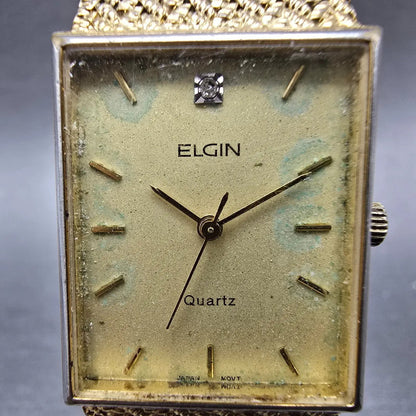 Elgin Tank Watch Men 23mm Champagne Dial Gold Rectangle Mesh Band New battery1