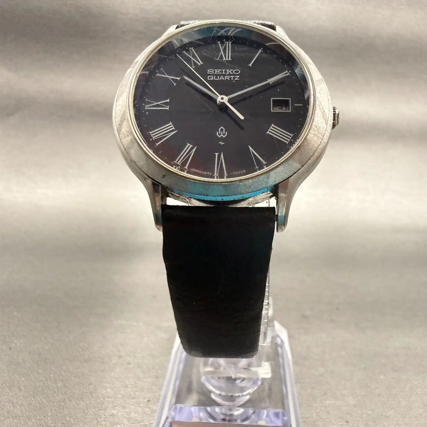 Seiko Watch Men 37mm Black Dial Silver Tone Date Round 0842-7000 New Battery VTG5