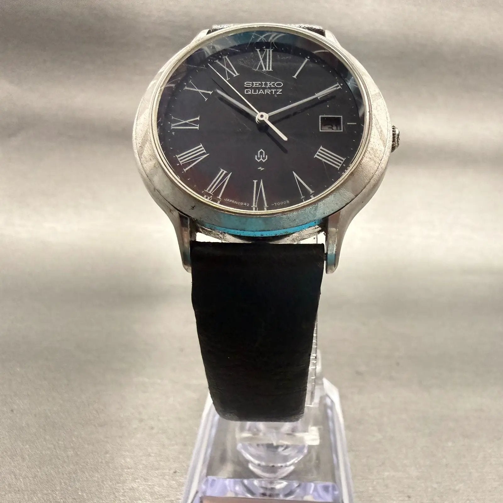 Seiko Watch Men 37mm Black Dial Silver Tone Date Round 0842-7000 New Battery VTG5