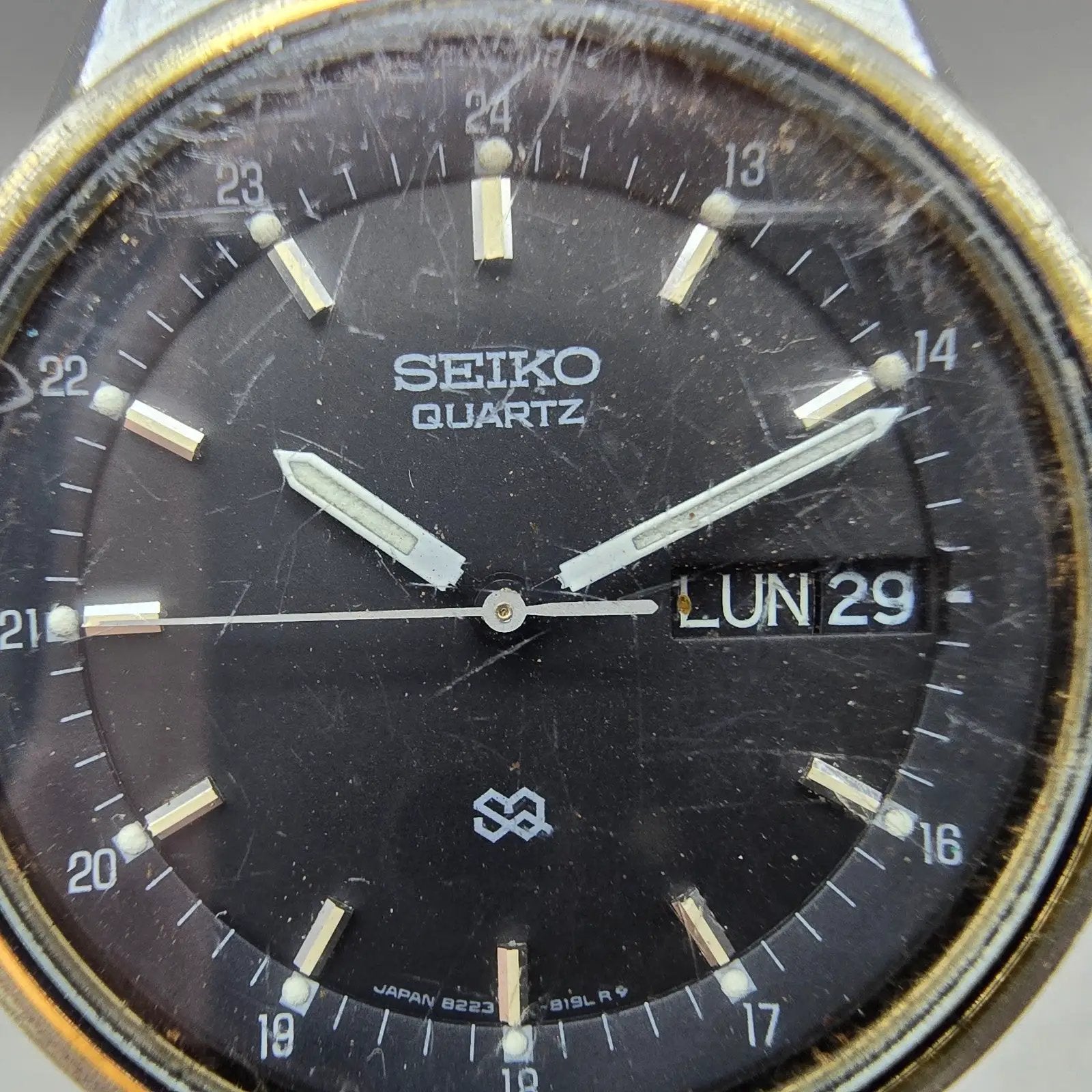 Seiko SQ Watch Men 34mm Black Dial Two Tone Daydate READ!!!!! 8223-8009 New Batt1