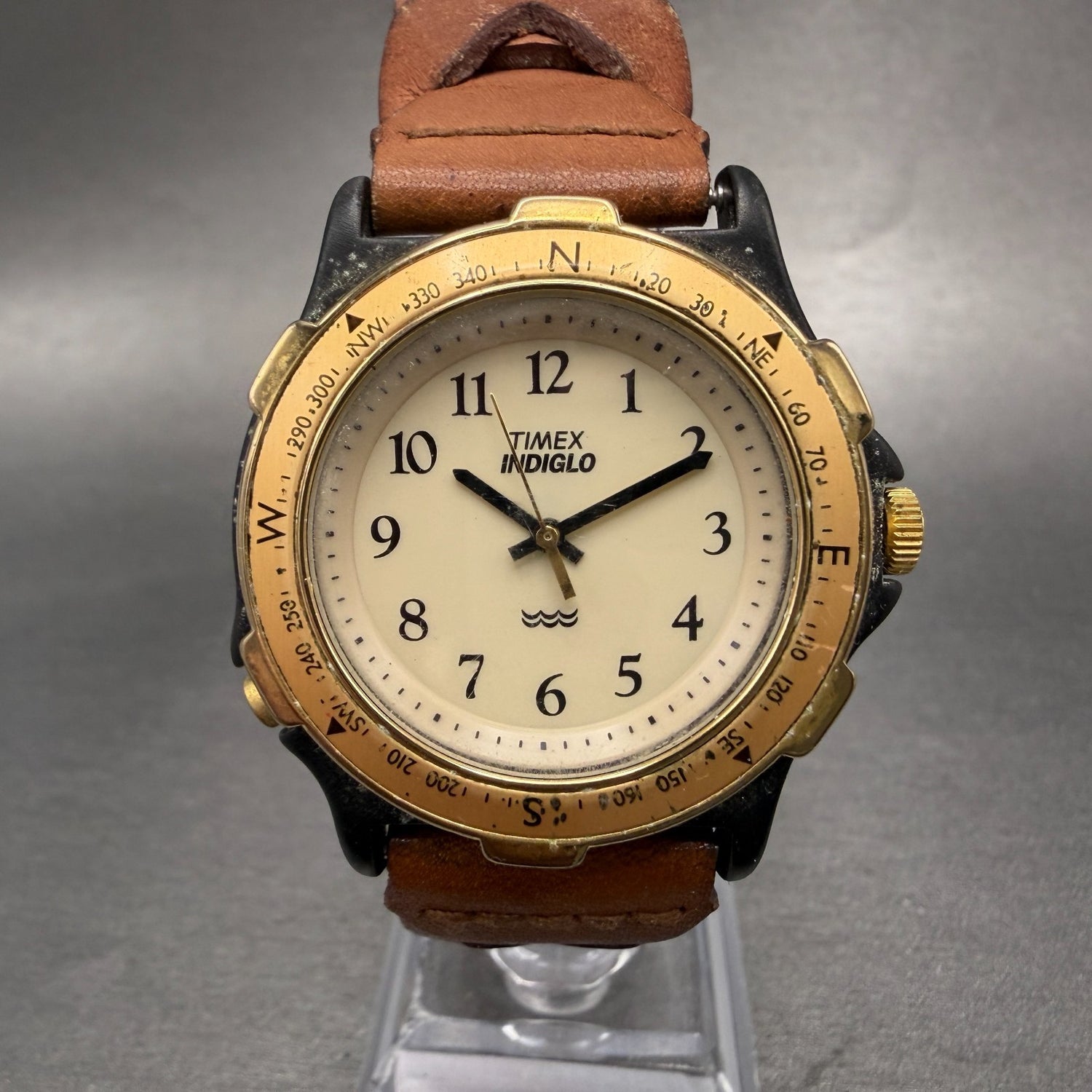 Timex Indiglo Watch Men 37mm Cream Dial Black Tone Round New Battery VTG0