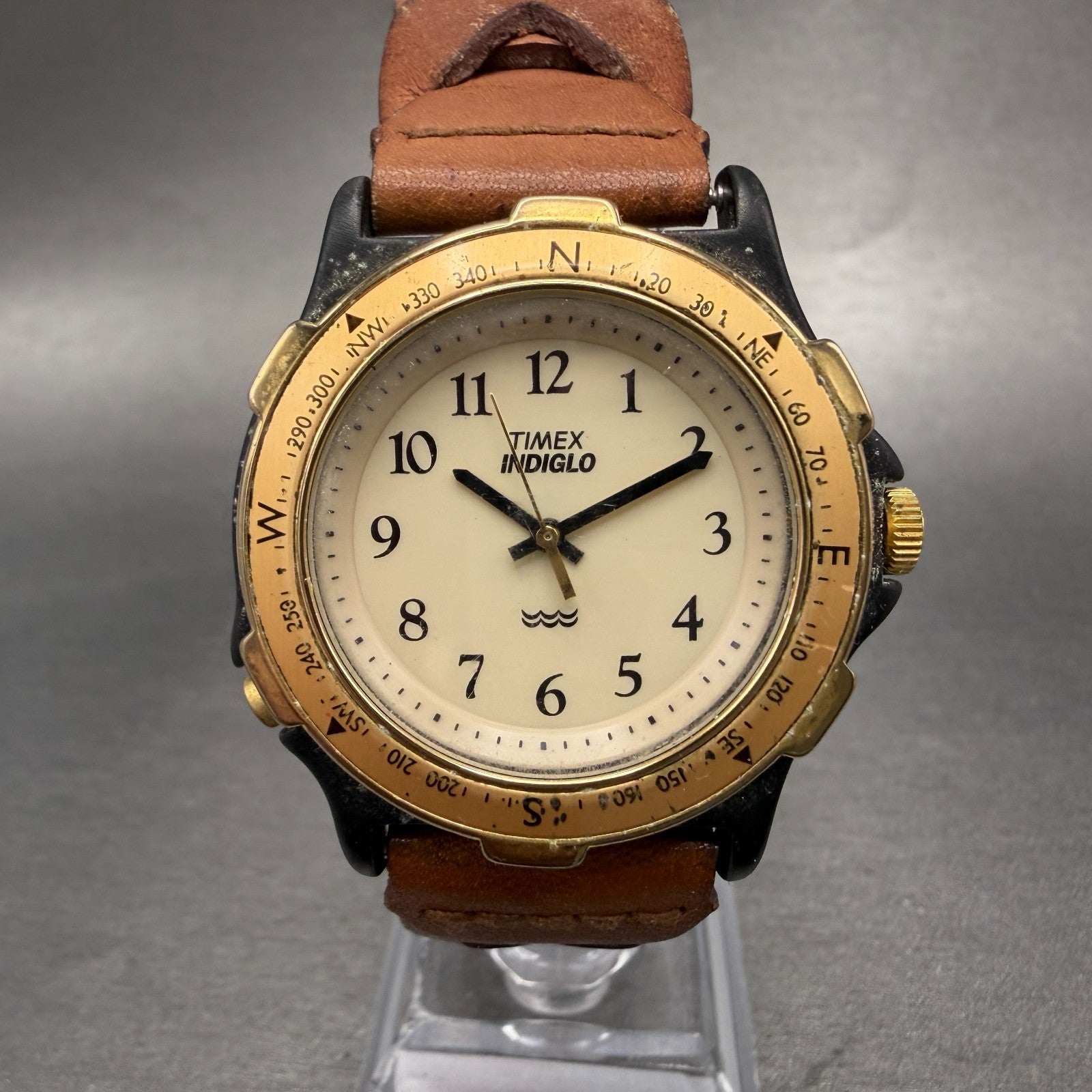 Timex Indiglo Watch Men 37mm Cream Dial Black Tone Round New Battery VTG0