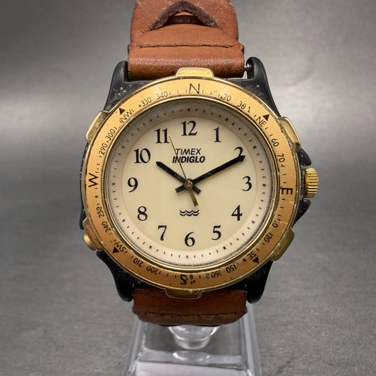 Timex Indiglo Watch Men 37mm Cream Dial Black Tone Round New Battery VTG0