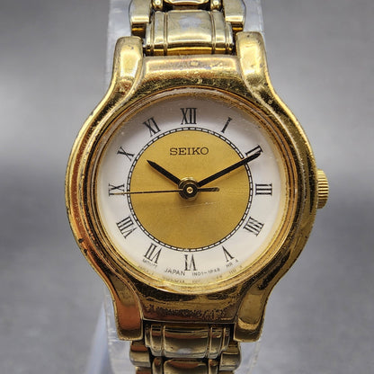 Seiko Watch Women 20mm White & Gold Dial Gold Tone Round 1N01 New Battery