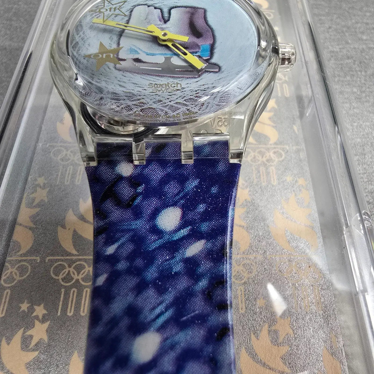 Swatch Musicall Katarina Witt Watch Woman 34mm Blue Dial Clear Case SLZ105 NOS6