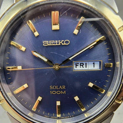 Seiko Solar Watch Men 39mm Blue Dial Two Tone Daydate Round V158-0AD0 Runs1