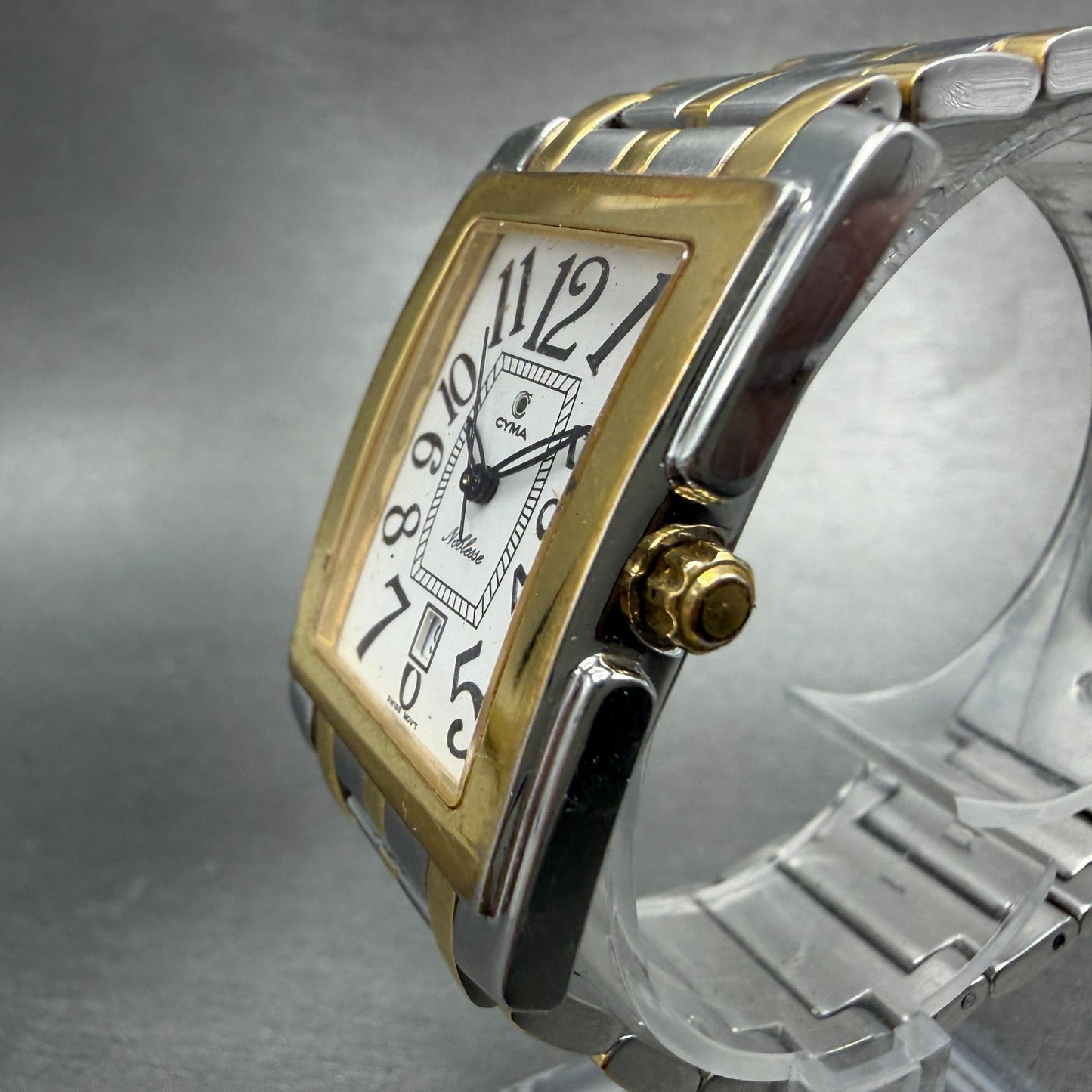 Cyma Noblesse Tank Watch Men 28mm White Dial Two Tone Date 525 PARTS2