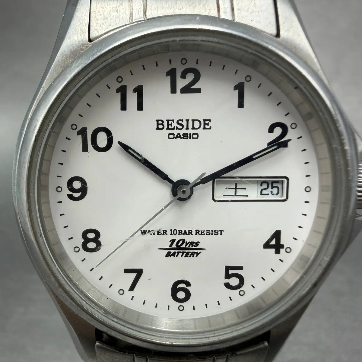 Casio Beside Watch Men 35mm Silver Dial Steel Daydate Round BES-105 New Battery1