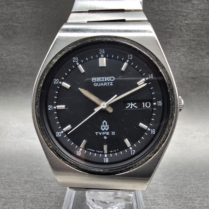 Seiko Type II Watch Men 36mm Black Dial Silver Tone Daydate 7546-8090 New Batt0