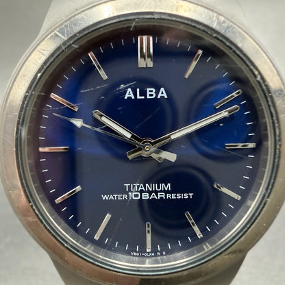 Seiko Alba Watch Men 35mm Blue Dial Titanium Round V501-0DN0 New Battery VTG1