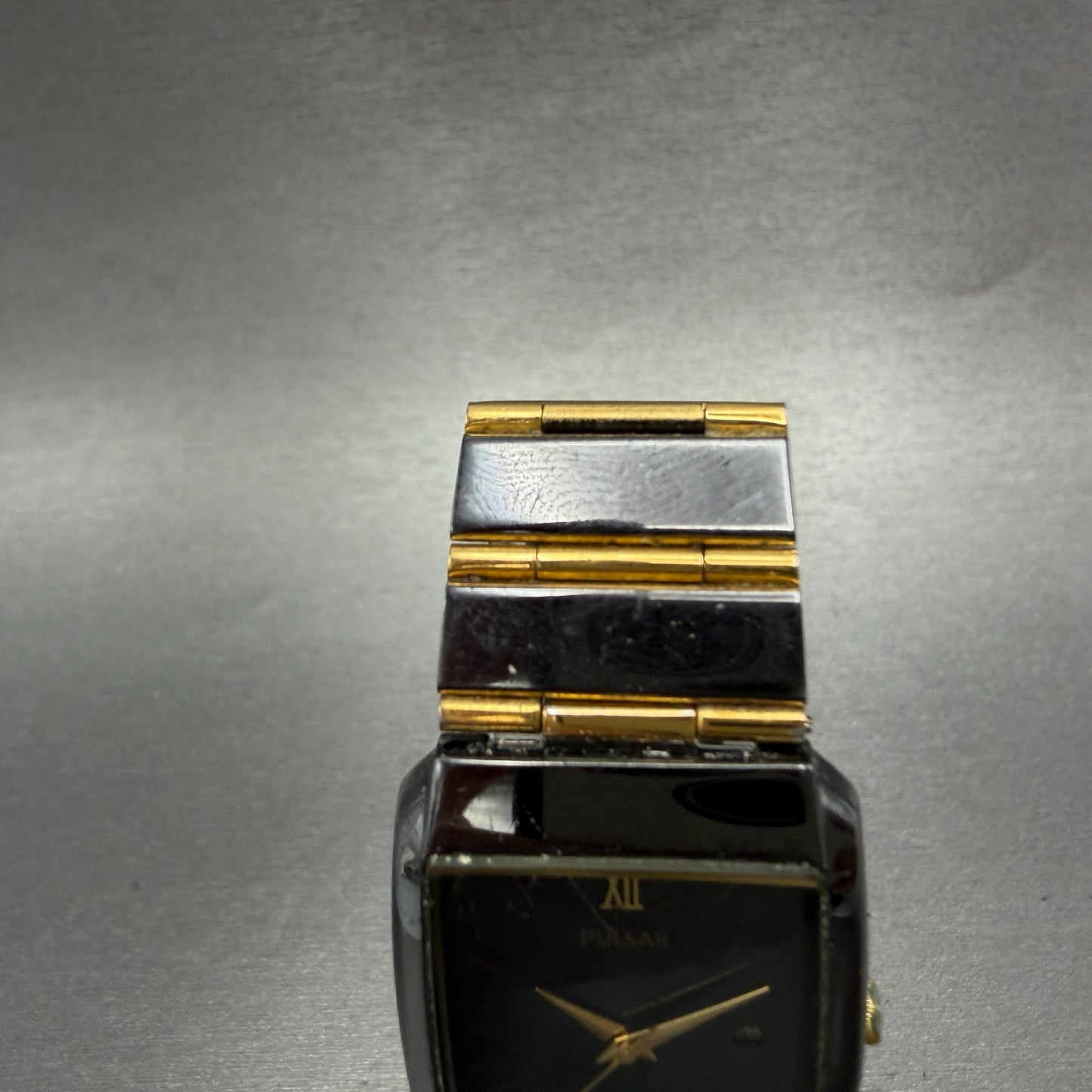 Seiko Pulsar Tank Watch Men 26mm Black Dial Black & Gold Tone Date New Bat4