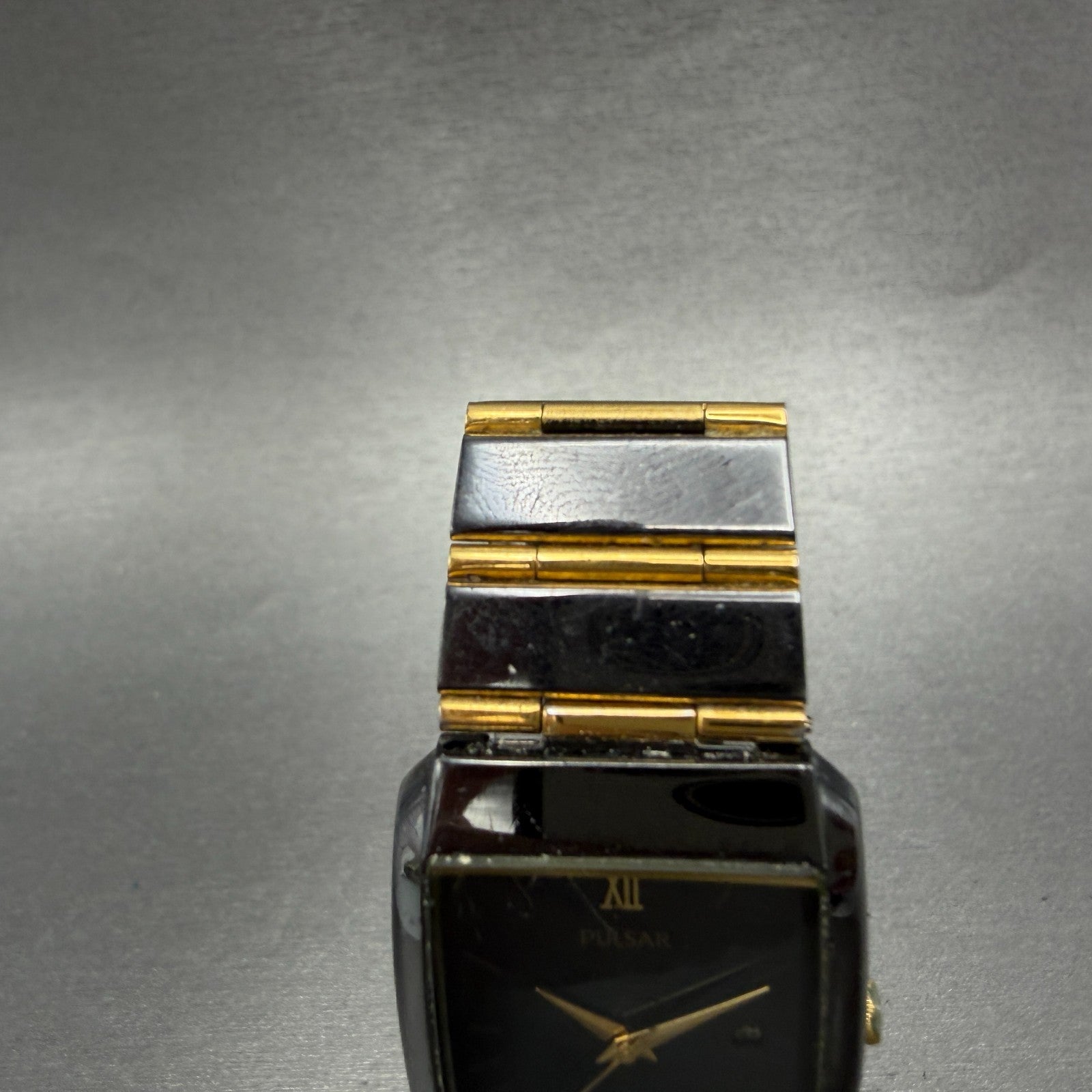 Seiko Pulsar Tank Watch Men 26mm Black Dial Black & Gold Tone Date New Bat4