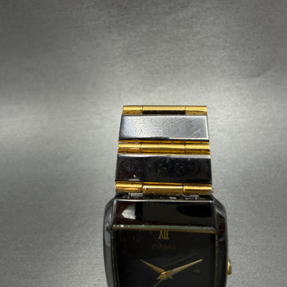 Seiko Pulsar Tank Watch Men 26mm Black Dial Black & Gold Tone Date New Bat4